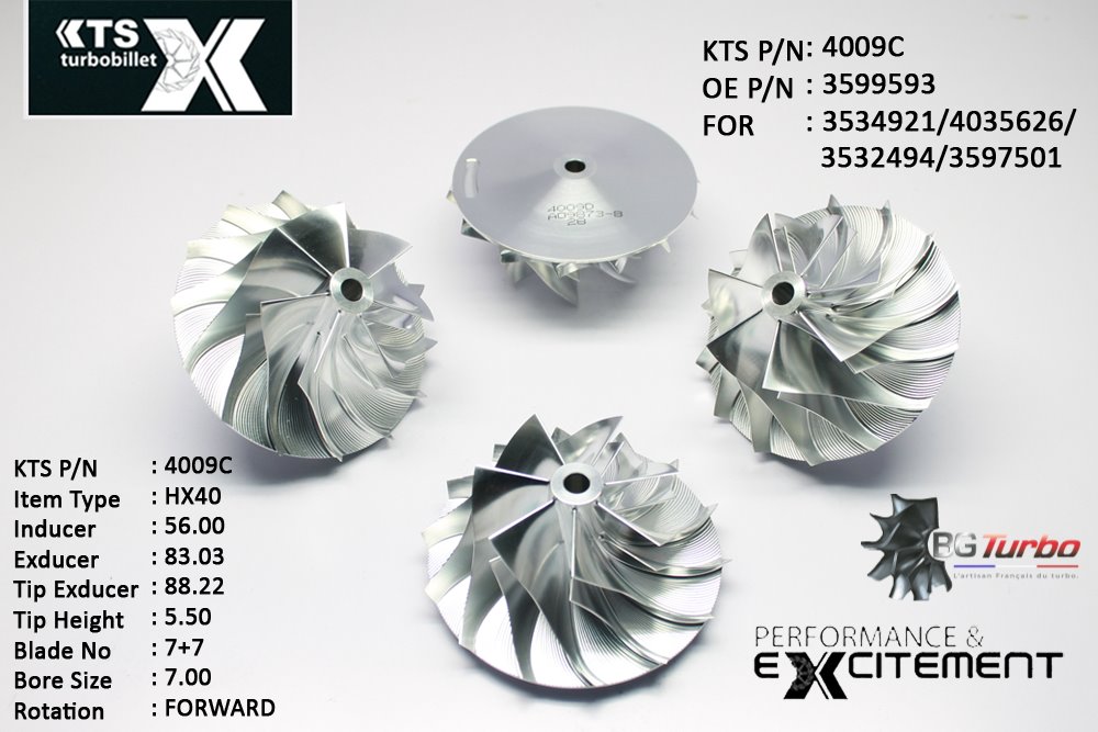 Turbo ROUE FORGÉE MFS PERFORMANCE - 7+7 PALES - INDUCER : 56 - EXDUCER : 83,03 - TYPE : HX40ANGLE : 60° - ROTATION : Forward - SUPER BACK : 5,01 - BORE SIZE : 7
